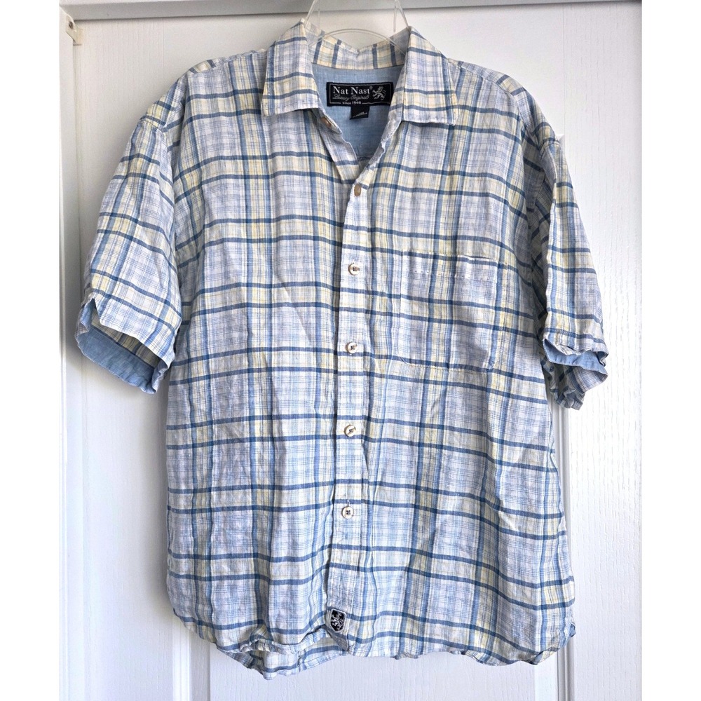 Nat Nast Luxury Originals Linen Blue Yellow Plaid Short Sleeve Button Shirt Sz L